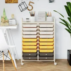 10-Tier Rolling Storage Cart with 20 Drawers, Mobile Organizer with Transparent Plastic Bins, Steel Frame, 4 Wheels