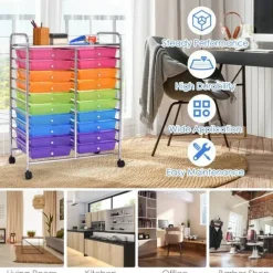 10-Tier Rolling Storage Cart with 20 Drawers, Mobile Organizer with Transparent Plastic Bins, Steel Frame, 4 Wheels