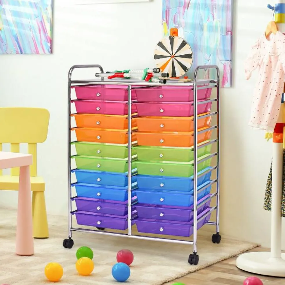 10-Tier Rolling Storage Cart with 20 Drawers, Mobile Organizer with Transparent Plastic Bins, Steel Frame, 4 Wheels