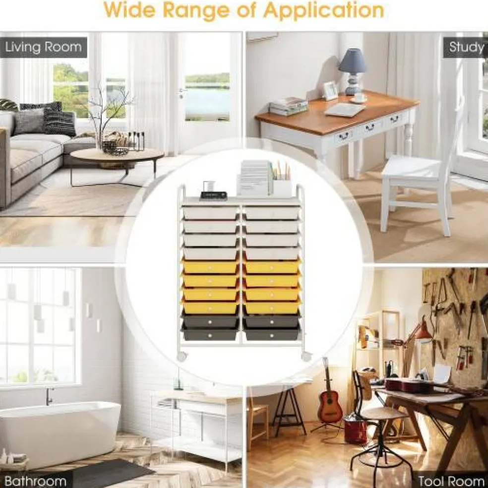 10-Tier Rolling Storage Cart with 20 Drawers, Mobile Organizer with Transparent Plastic Bins, Steel Frame, 4 Wheels
