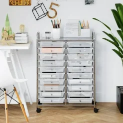 10-Tier Rolling Storage Cart with 20 Drawers, Mobile Organizer with Transparent Plastic Bins, Steel Frame, 4 Wheels