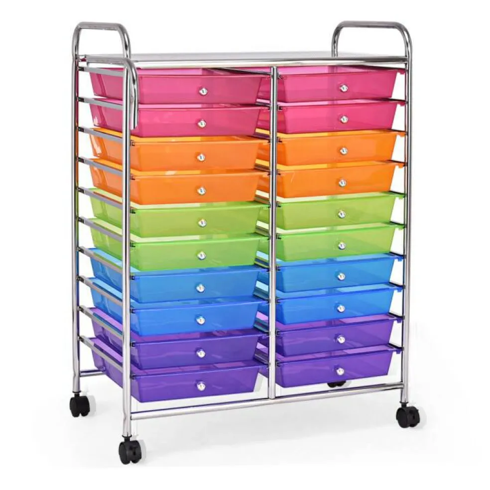 10-Tier Rolling Storage Cart with 20 Drawers, Mobile Organizer with Transparent Plastic Bins, Steel Frame, 4 Wheels