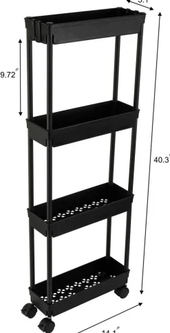 4 Tier Slim Storage Cart,Rolling Storage Cart,Narrow Shelf,Bathroom Rack,Mobile Shelving Unit Organizer for Kitchen, Bathroom, Laundry Room, Black