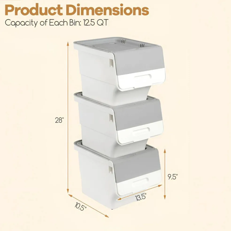 3-Tier Storage Bins with Lids, 12.5 QT Stackable Organizer Baskets with Wheels, Front Door, Ventilated Design, Rolling Storage Containers
