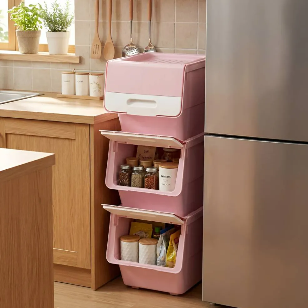 3-Tier Storage Bins with Lids, 12.5 QT Stackable Organizer Baskets with Wheels, Front Door, Ventilated Design, Rolling Storage Containers
