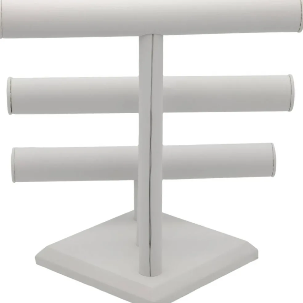 3 Tier White Leather T-Bar Bracelet & Necklace Jewelry Display Stands