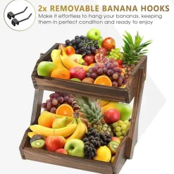 2 Tier Wooden Fruit Basket Stand, Large Acacia Wood Produce Basket for Kitchen Countertop, Farmhouse Storage Organizer for Fruits, Vegetables, Bread, Snacks & Home Décor