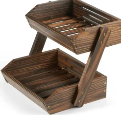 2 Tier Wooden Fruit Basket Stand, Large Acacia Wood Produce Basket for Kitchen Countertop, Farmhouse Storage Organizer for Fruits, Vegetables, Bread, Snacks & Home Décor
