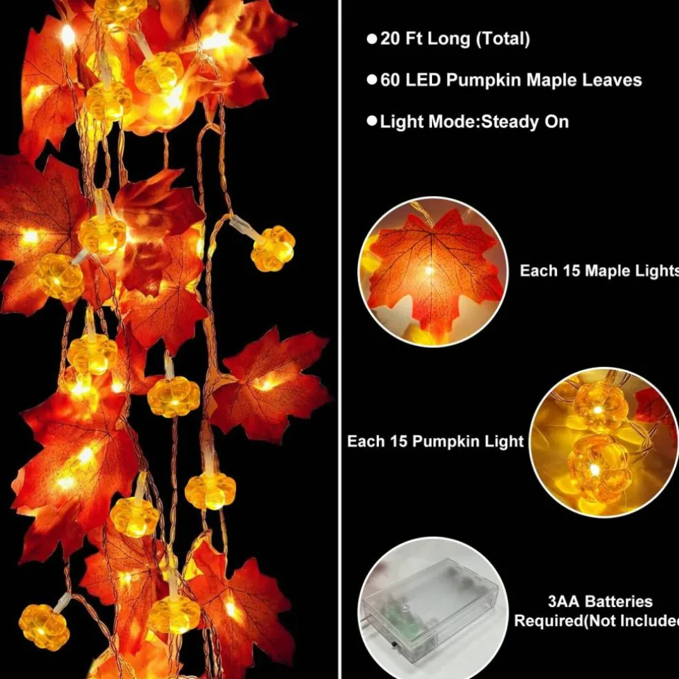 Timer - 2 Pack Fall Decor Fall Garland with Pumpkin Lights Battery Operated