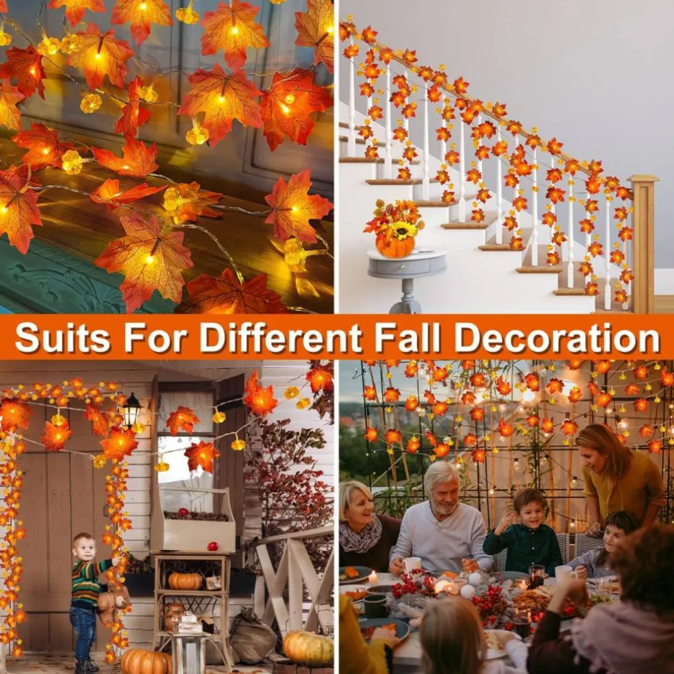 Timer - 2 Pack Fall Decor Fall Garland with Pumpkin Lights Battery Operated