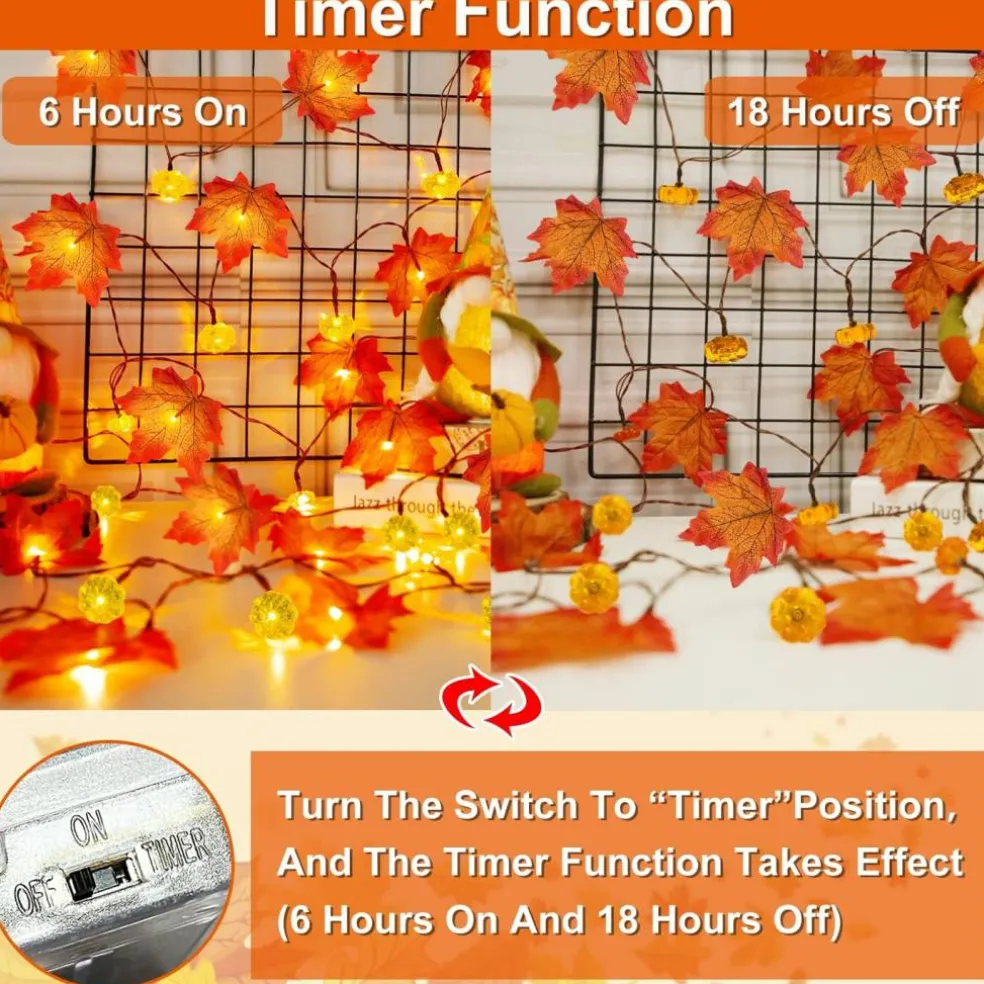 Timer - 2 Pack Fall Decor Fall Garland with Pumpkin Lights Battery Operated