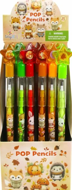 TINYMILLS Autumn Woodland Animals Fall Theme Stackable Pencils, 24 Pack, Stackable with Pre-Sharpened Leads, Star Top Erasers Party Favors