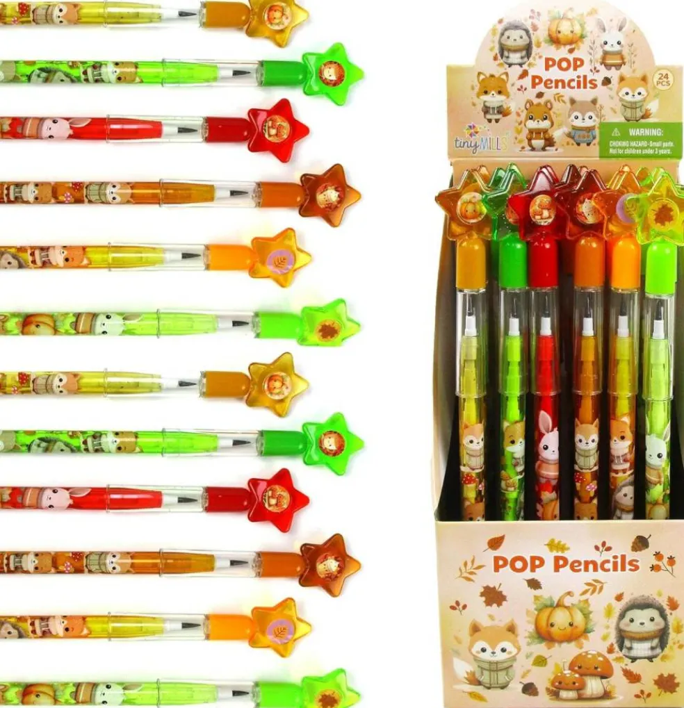 TINYMILLS Autumn Woodland Animals Fall Theme Stackable Pencils, 24 Pack, Stackable with Pre-Sharpened Leads, Star Top Erasers Party Favors