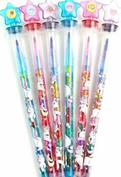 TINYMILLS 24 Pcs Unicorn Rainbow 2 in 1 Stacking Crayons with Stamp Topper
