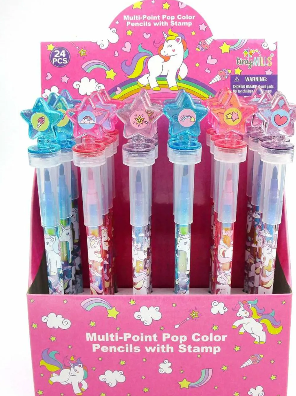 TINYMILLS 24 Pcs Unicorn Rainbow 2 in 1 Stacking Crayons with Stamp Topper