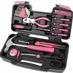 Tools Original 39 Piece General Household Tool Set in Toolbox Storage Case with Essential Hand Tools for Everyday Home Repairs, DIY and Crafts - Pink Ribbon - Pink - DT9706P