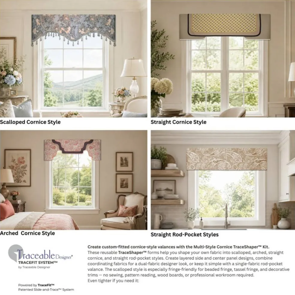 Traceable Designer Multi-Style Cornice Valance TraceShaper™ Kit, No-Sew Fabric Shaping Forms