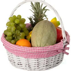 Traditional White Round Willow Gift Basket with Gingham Liner and Sturdy Foldable Handles, Food Snacks Storage Basket
