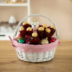 Traditional White Round Willow Gift Basket with Gingham Liner and Sturdy Foldable Handles, Food Snacks Storage Basket