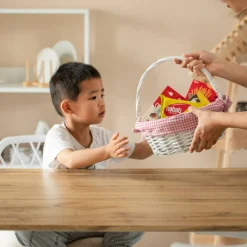 Traditional White Round Willow Gift Basket with Gingham Liner and Sturdy Foldable Handles, Food Snacks Storage Basket