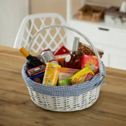 Traditional White Round Willow Gift Basket with Gingham Liner and Sturdy Foldable Handles, Food Snacks Storage Basket