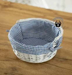 Traditional White Round Willow Gift Basket with Gingham Liner and Sturdy Foldable Handles, Food Snacks Storage Basket