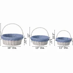 Traditional White Round Willow Gift Basket with Gingham Liner and Sturdy Foldable Handles, Food Snacks Storage Basket