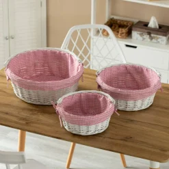 Traditional White Round Willow Gift Basket with Gingham Liner and Sturdy Foldable Handles, Food Snacks Storage Basket