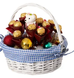 Traditional White Round Willow Gift Basket with Gingham Liner and Sturdy Foldable Handles, Food Snacks Storage Basket