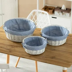 Traditional White Round Willow Gift Basket with Gingham Liner and Sturdy Foldable Handles, Food Snacks Storage Basket