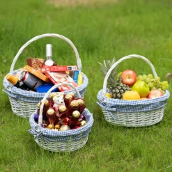 Traditional White Round Willow Gift Basket with Gingham Liner and Sturdy Foldable Handles, Food Snacks Storage Basket