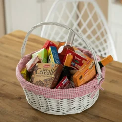 Traditional White Round Willow Gift Basket with Gingham Liner and Sturdy Foldable Handles, Food Snacks Storage Basket