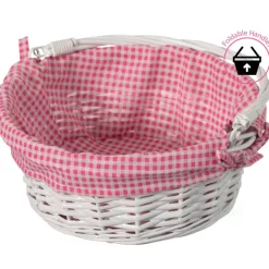 Traditional White Round Willow Gift Basket with Gingham Liner and Sturdy Foldable Handles, Food Snacks Storage Basket