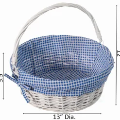 Traditional White Round Willow Gift Basket with Gingham Liner and Sturdy Foldable Handles, Food Snacks Storage Basket