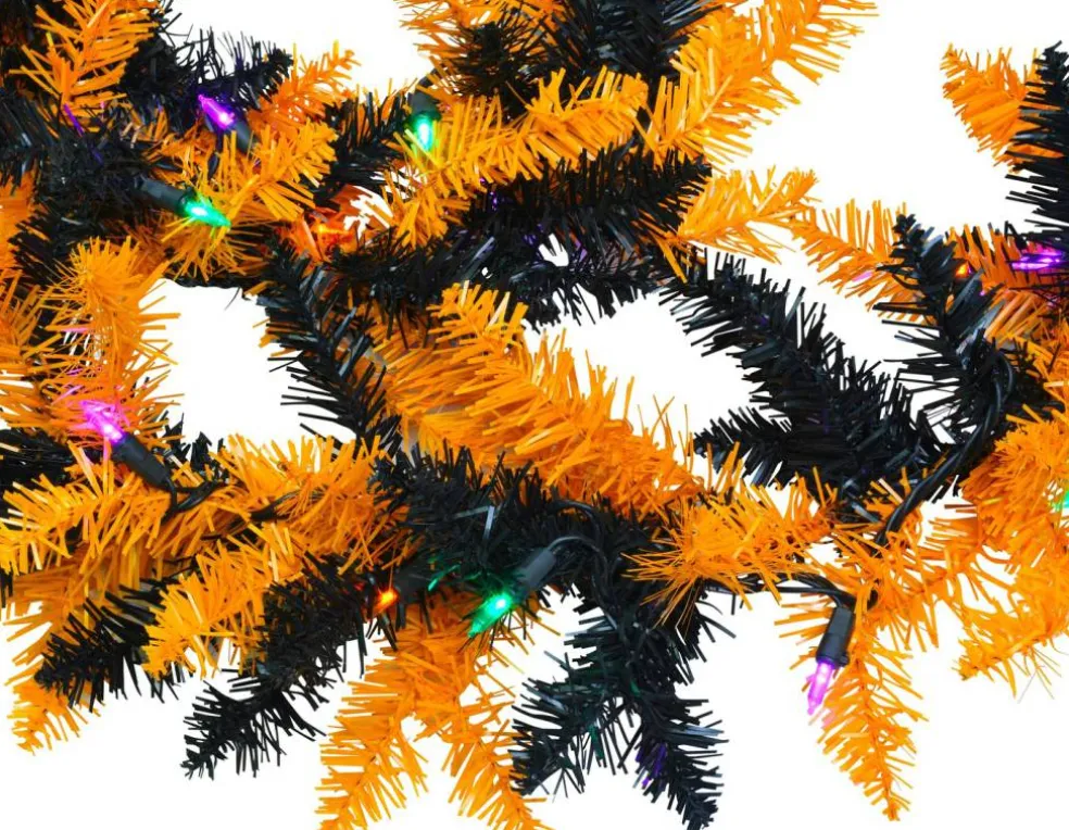 Tree Buddees Halloween Garland with Lights 9 Foot Long Black and Orange Pre-lit LED Mantle Decoration