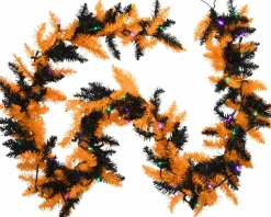 Tree Buddees Halloween Garland with Lights 9 Foot Long Black and Orange Pre-lit LED Mantle Decoration