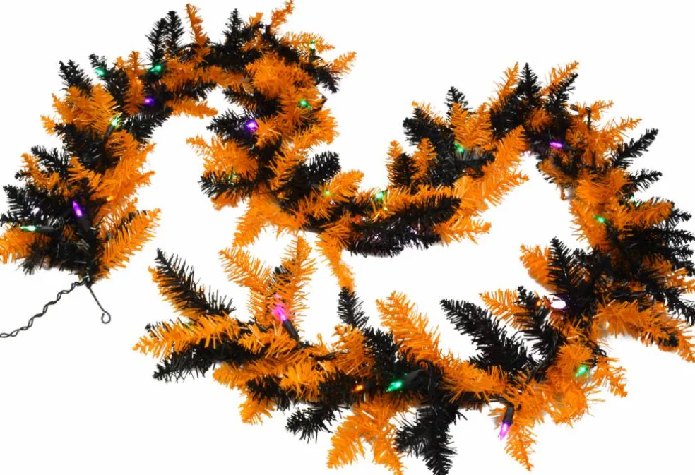 Tree Buddees Halloween Garland with Lights 9 Foot Long Black and Orange Pre-lit LED Mantle Decoration
