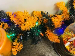 Tree Buddees Halloween Garland with Lights 9 Foot Long Black and Orange Pre-lit LED Mantle Decoration