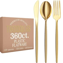 Trendables Disposable Silverware Set - Wedding Plastic Cutlery Dinnerware - Includes modern Forks, Plastic Spoons, disposable Knives - reflective Plastic Utensils Party Set
