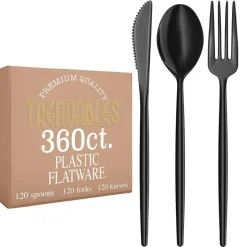 Trendables Disposable Silverware Set - Wedding Plastic Cutlery Dinnerware - Includes modern Forks, Plastic Spoons, disposable Knives - reflective Plastic Utensils Party Set