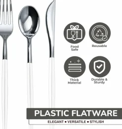Trendables Disposable Silverware Set - Wedding Plastic Cutlery Dinnerware - Includes two toned Forks, Plastic Spoons, two colored Knives - reflective Plastic Utensils Party Set