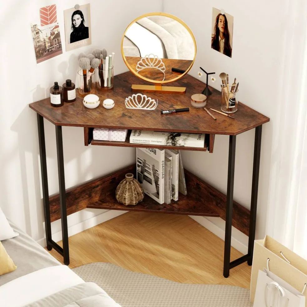 Triangle Corner Desk with Built-in Charging, Keyboard Tray & Storage
