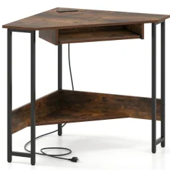Triangle Corner Desk with Built-in Charging, Keyboard Tray & Storage