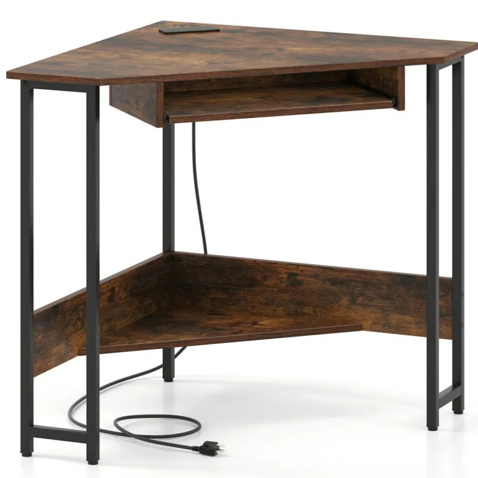 Triangle Corner Desk with Built-in Charging, Keyboard Tray & Storage