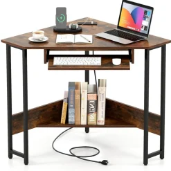 Triangle Corner Desk with Built-in Charging, Keyboard Tray & Storage