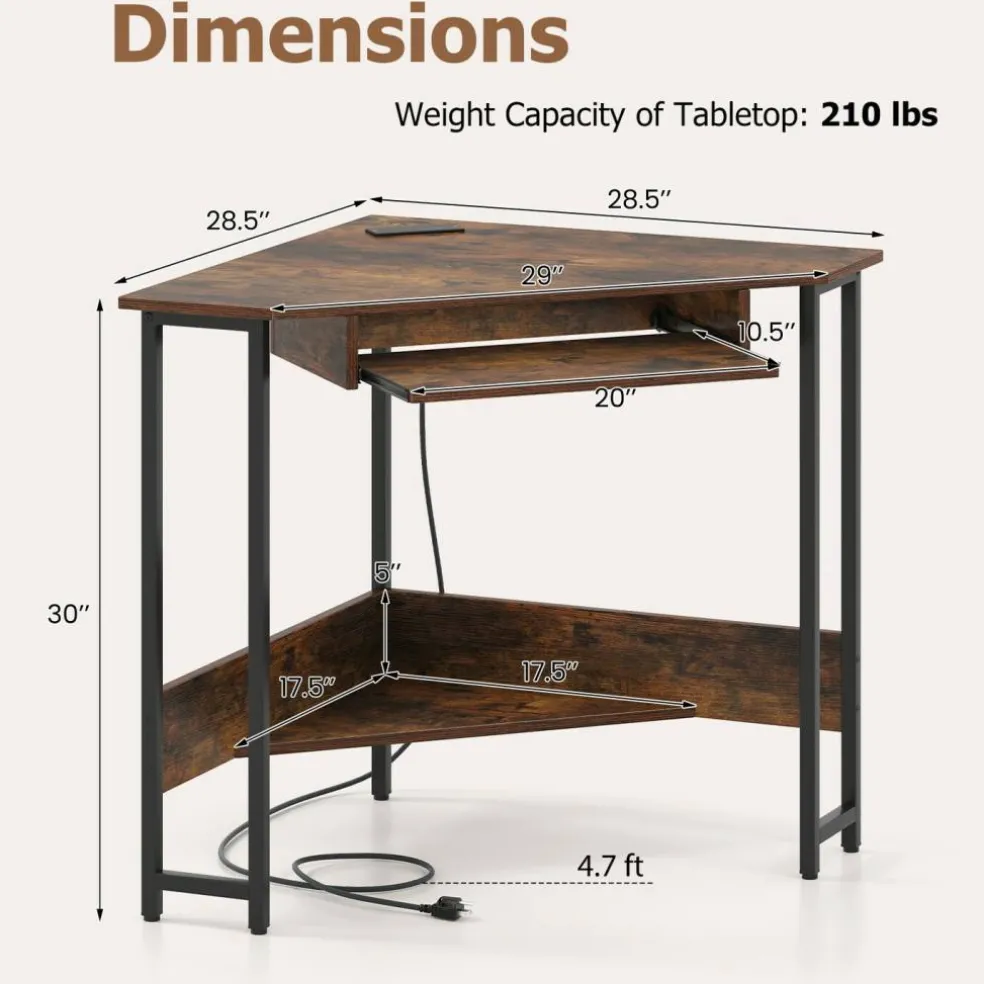 Triangle Corner Desk with Built-in Charging, Keyboard Tray & Storage