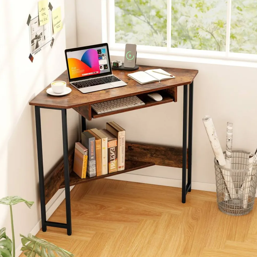 Triangle Corner Desk with Built-in Charging, Keyboard Tray & Storage