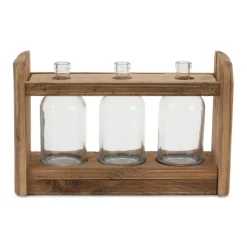 15" Triple Bottle Vases in Wood Stand