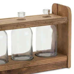 15" Triple Bottle Vases in Wood Stand