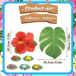 Tropical Palm Leaves & Artificial Hibiscus Flowers Table Decor Set, 60 Count — Hawaiian Luau and Safari Theme Party Supplies
